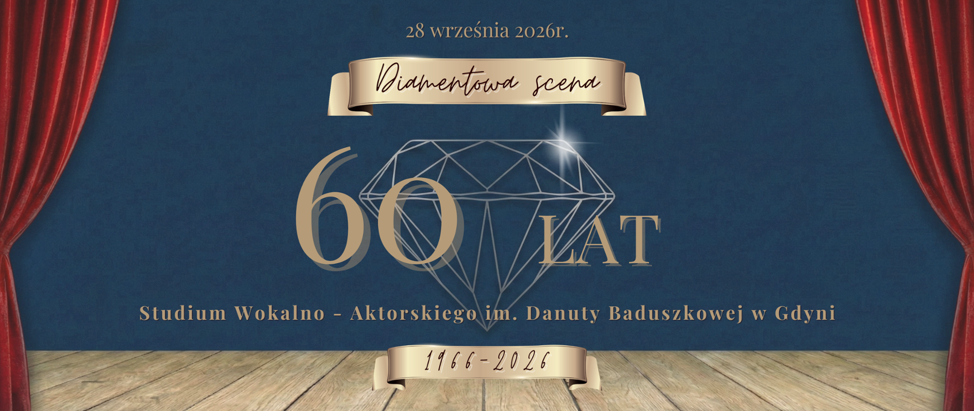 na niebieskiej stronie opis 28 września 2026 roku 60 lat PPSWA, po dwóch stronach czerwone kurtyny 