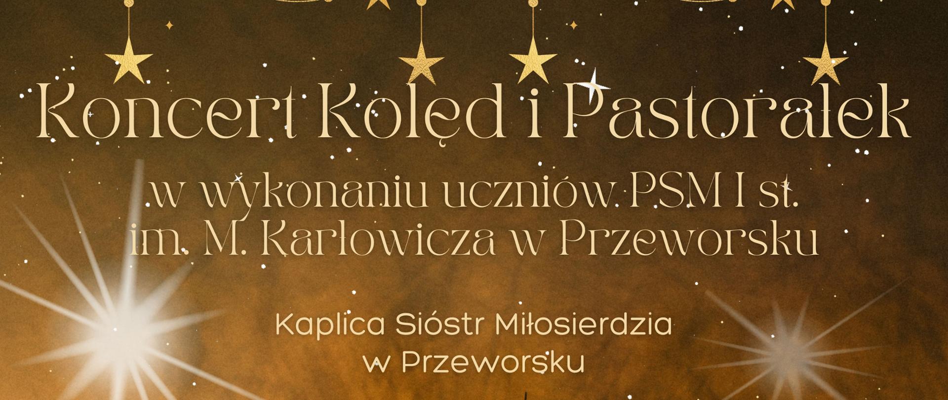 Plakat informujący o koncercie kolęd i pastorałek odbywającym się 19 stycznia 2024 w kaplicy Sióstr Miłosierdzia w Przeworsku.