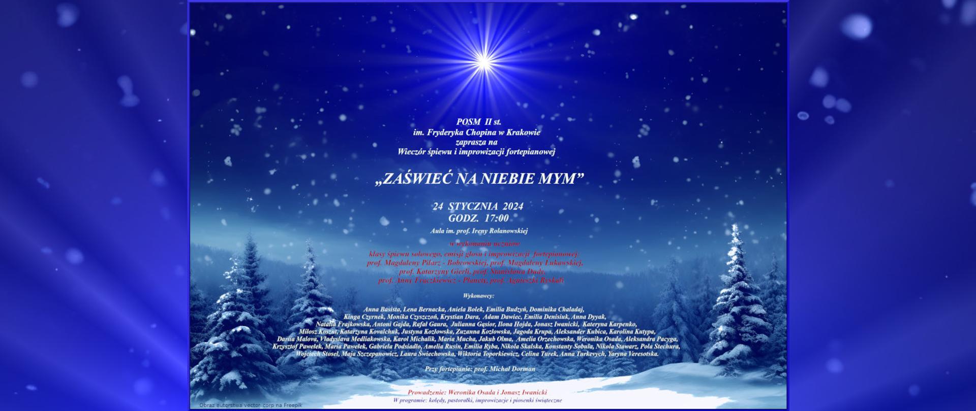 Baner, w tle zimowe nocne niebo z gwiazdą; tekst: Wieczór śpiewu i improwizacji fortepianowej, "Zaświeć na niebie mym", 24 stycznia 2024 r., godz. 17:00