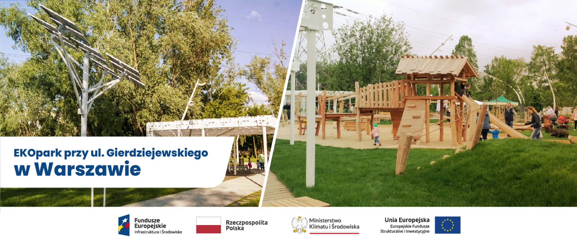 kolaż 2 zdjęć: na pierwszym zieleń parkowa, ścieżka, słup z systemem fotowoltaicznym i pergola , na drugim plac zabaw z drewnianymi zabawkami