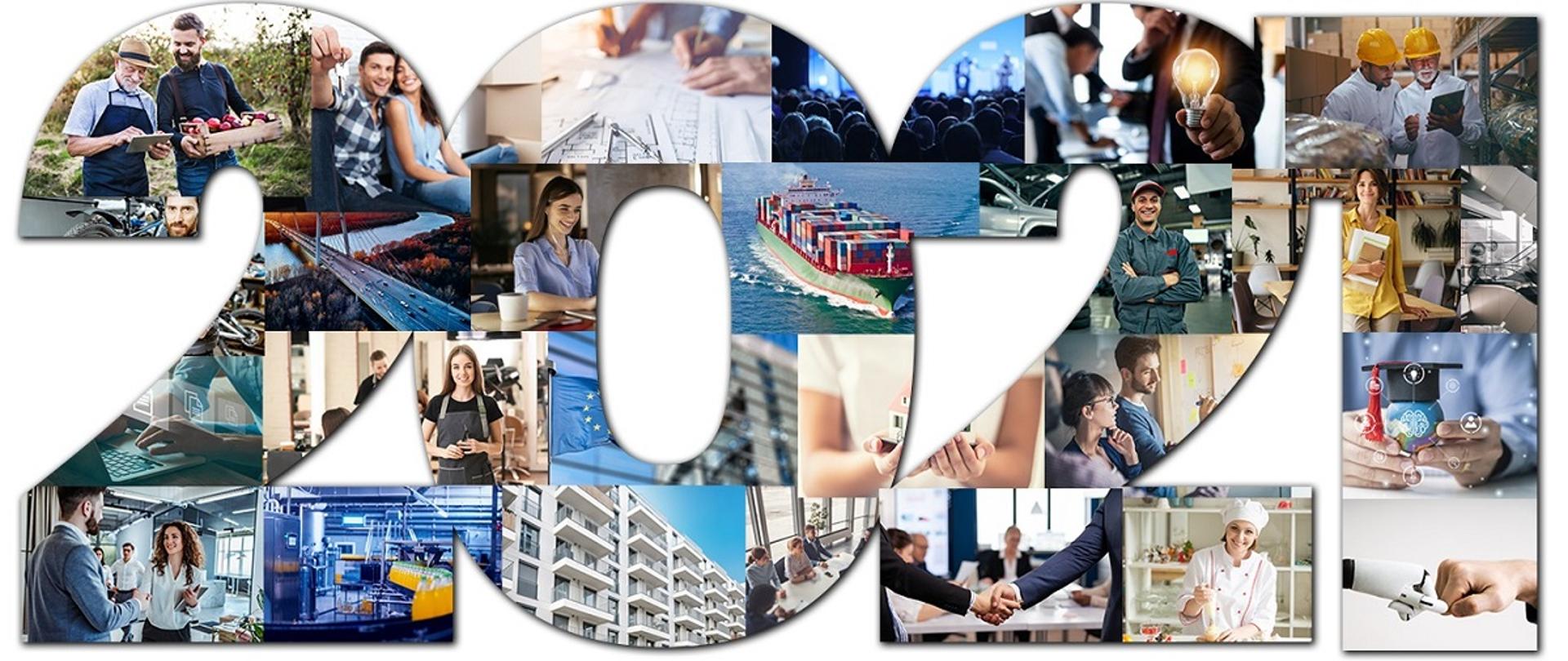 Data 2021, której cyfry tworzą kolaże zdjęć przedstawiających m.in. fabrykę, przedsiębiorców, osiedle mieszkaniowe