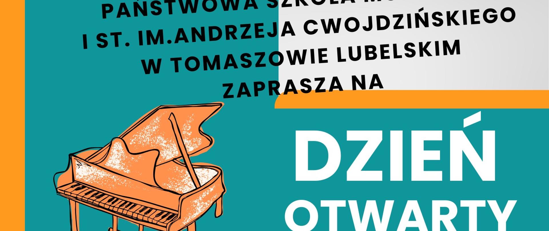 plakat z instrumentami muzycznymi usytuowanymi na różnych polach niebieskich, pomiędzy nimi informacje o programie dnia otwartego szkoły muzycznej