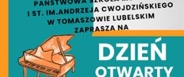 plakat z fortepianem częściowo na niebieskim polu, pomiędzy nim inne paski, kwadrat oraz informacje o dniu otwartym szkoły muzycznej