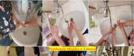 Zdjęcie przedstawiające mycie rąk przez uczniów z przedszkola