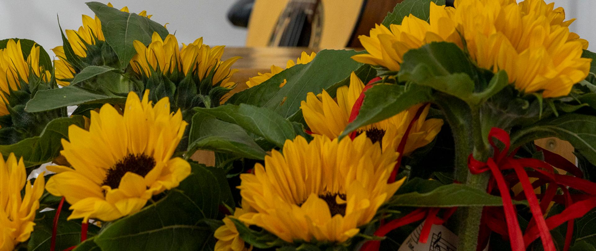 żółte kwiaty przyozdobione czerwonymi wstążkami, w tle gitara i ksylofon.