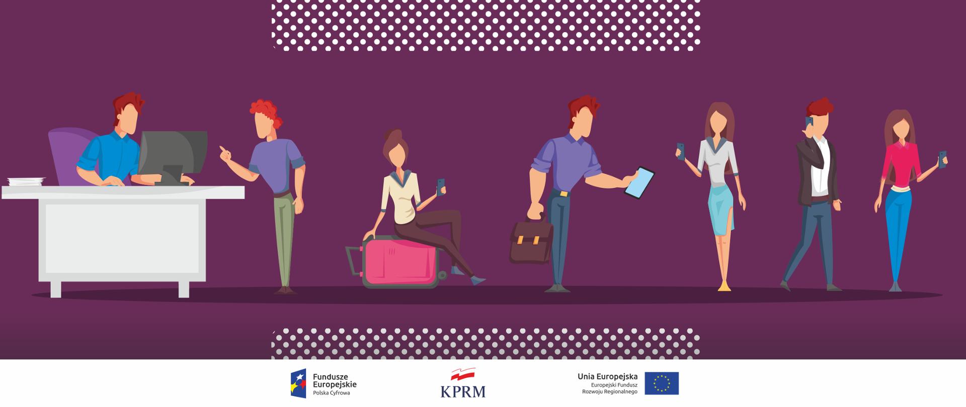 Grafika wektorowa na fioletowym tle. Siedem osób kobiety i mężczyźni z urządzeniami mobilnymi (przed komputerem, z telefonami i tabletem).