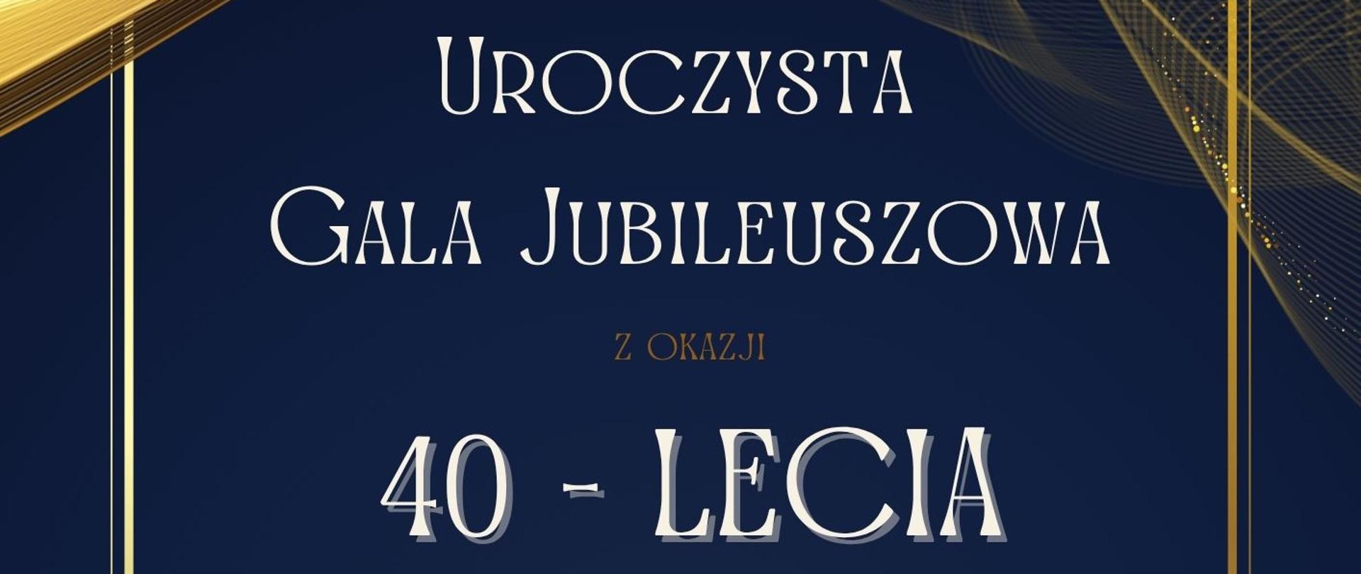 Granatowe tło plakatu ze złotymi akcentami, pośrodku w złotej tonacji ramka i złoto - białe napisy, na dole umieszczone zostało logo szkoły.