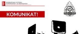 Grafika z czerwonym nagłówkiem „KOMUNIKAT!” i napisem „Testowe uruchomienie syren alarmowych”. Na środku czarno-biały rysunek syren alarmowych na słupie, tło białe.
