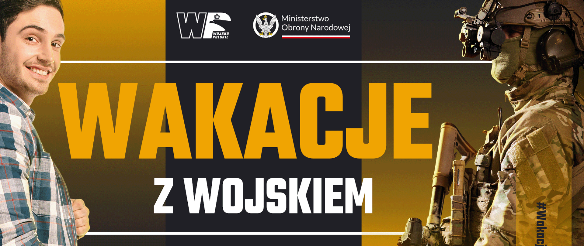 grafika przedstawia żołnierza i cywila, jest także napis Wakacje z Wojskiem