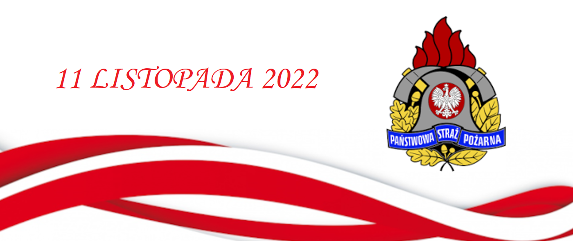 Logo PSP na białym tle ze wstęgą bialoczerwoną i napis 11 listopada