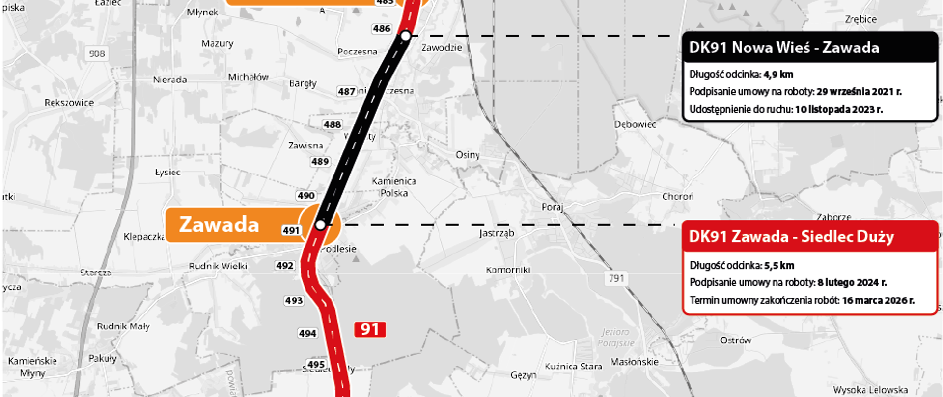 Mapa prezentująca aktualny etap prac na poszczególnych odcinkach przebudowy drogi krajowej nr 91.