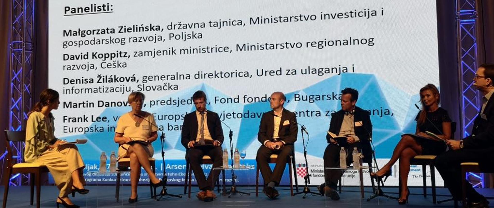 Na zdjęciu na krzesłach siedzi siedem osób. Za nimi wyświetlana jet rozpiska osób biorących udział w panelu: Małgorzata Zielińska, David Koppitz, Denisa Zilakova, Martin Danovsky, Frank Lee. 