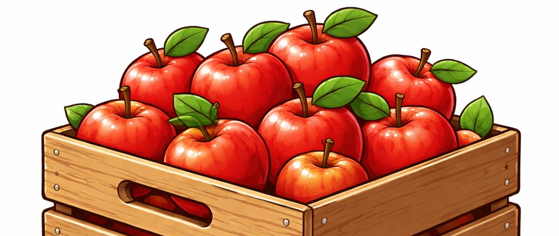 Schematyczna ilustracja przedstawia drewnianą skrzynkę wypełnioną czerwonymi jabłkami z zielonymi liśćmi; kilka owoców leży obok, a całość utrzymana jest w prostym, symbolicznym stylu.