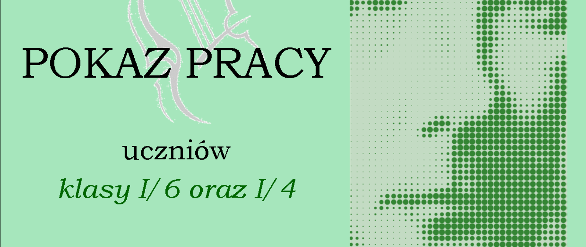 Plakat informujący o pokazie pracy Sekcji instrumentów smyczkowych i gitary, który odbędzie się 23 marca 2023 roku o godzinie 17:30. Wystąpią uczniowie klas pierwszych cyklu sześcioletniego i czteroletniego.