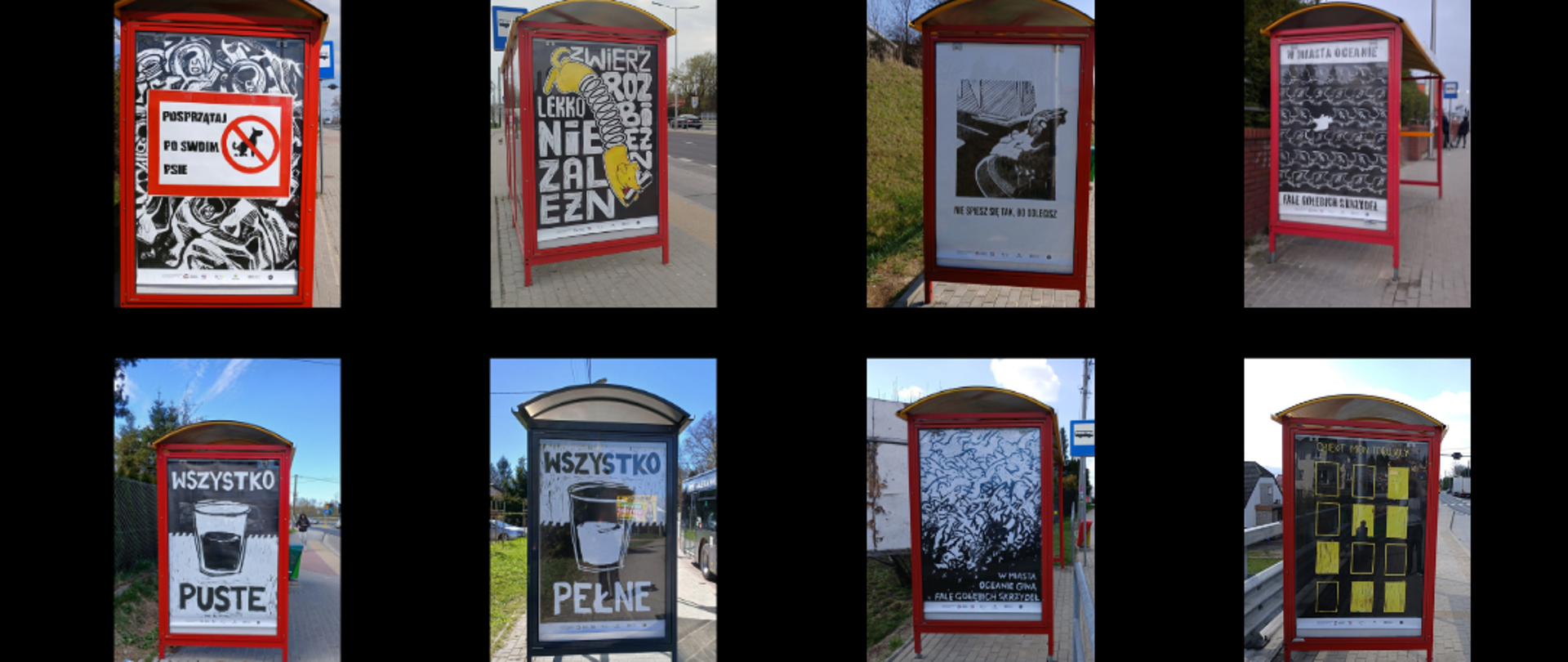 Kolaż 18 fotografii przedstawiających plakaty i ilustracje umieszczone w wiatach przystankowych. Wszystkie prace pokazano w podobnym układzie, na tle ulic i chodników.