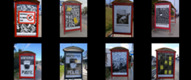 Kolaż 8 fotografii przedstawiających plakaty i ilustracje umieszczone w wiatach przystankowych. Wszystkie prace pokazano w podobnym układzie, na tle ulic i chodników.