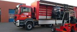 Proces ładowania sprzętu ratowniczo-gaśniczego wózkiem widłowym na naczepę samochodu ciężarowego - strażackiego. 