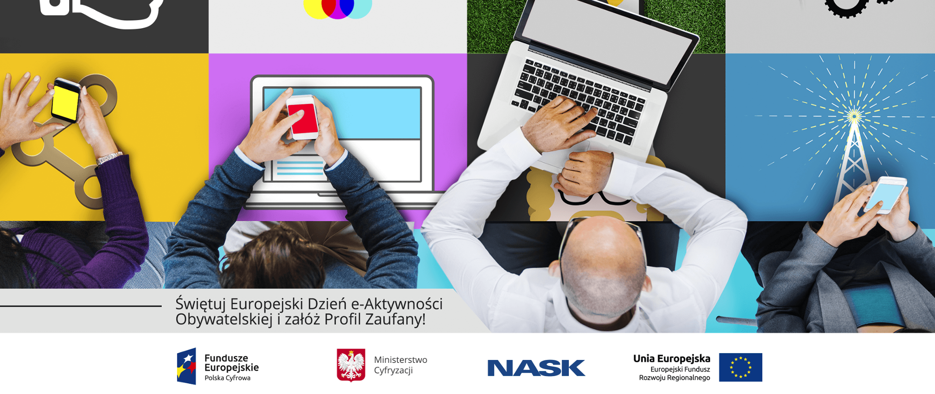 Cztery osoby siedzą przy kolorowym stole. Trzy osoby trzymają w rękach smartfony, jedna ma przed sobą komputer i trzyma dłonie na klawiaturze. Ujęcie z góry