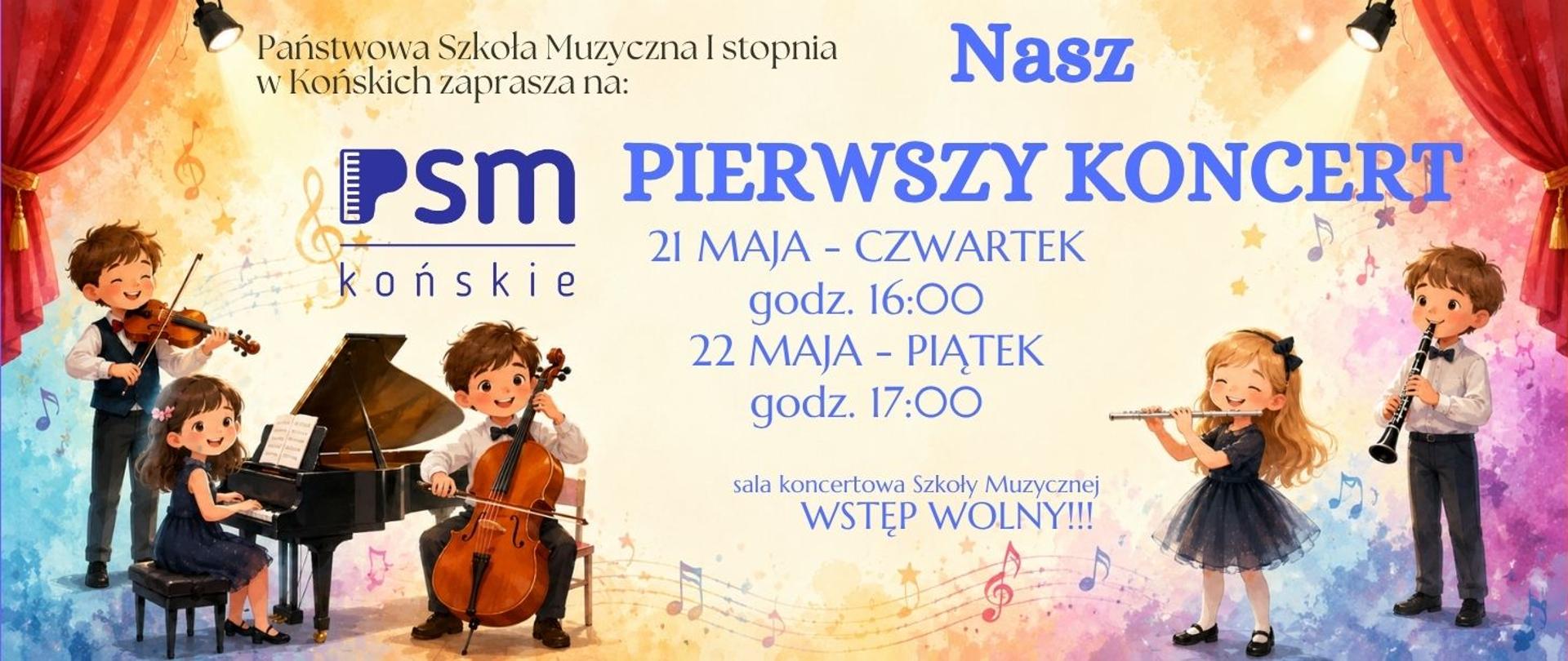 Kolorowy baner, przedstawiający kolorowe postacie, niebieskie litery informujące o koncercie.