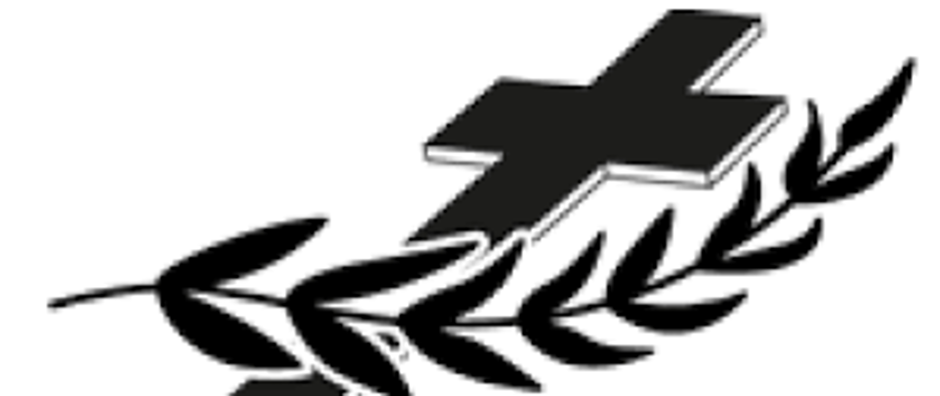 Czarno biała grafika. Krzyż i leżąca na nim gałązka