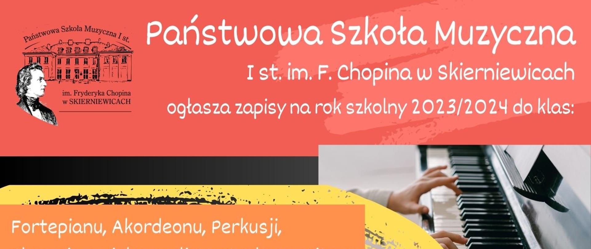 Plakat rekrutacyjny na czarno-czerwonym tle od góry logo szkoły muzycznej w Skierniewicach poniżej na pomarańczowym tle instrumenty klasy instrumentów fortepianu akordeon perkusji skrzypiec wiolonczeli kontrabasu gitary fletu klarnetów aglotu saksofonu trampki waltorni puzonu seksowną poniżej na pomarańczowym tle biały napis zapraszamy dzieci w wieku od 7 lat zgłoszenia przyjmowane są do dnia 24 maja 2023 roku poniżej kolejny napis na pomarańczowym tle egzamin wstępny 27 maja 2023 w stopce na czerwonym tle napis biały szczegółowe informacje na www.gov.pl/web/psm Skierniewice pod spodem w zakładce rekrutacja.