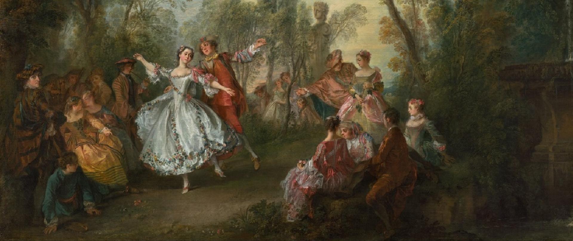 Barokowy obraz przedstawiający tańczącą odświętnie ubraną parę otoczoną grupą ludzi. Scena rozgrywa się na świeżym powietrzu, wśród drzew.