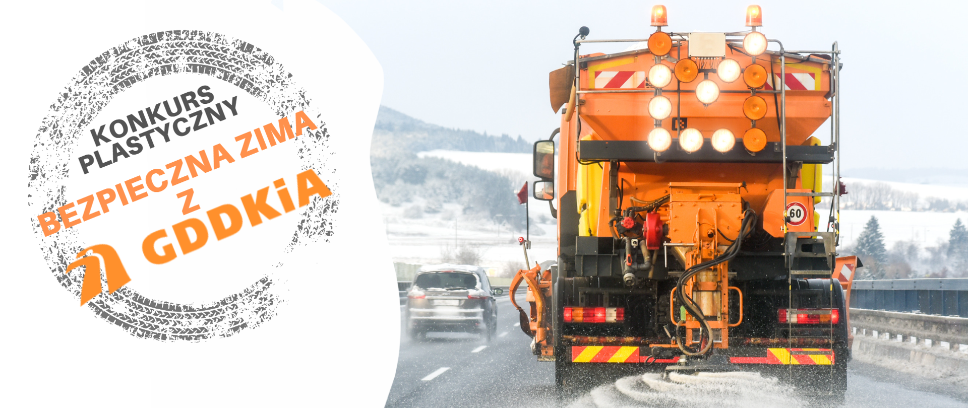 grafika konkursowa: zimowy krajobraz, droga, solarka przy pracy, opis konkursu