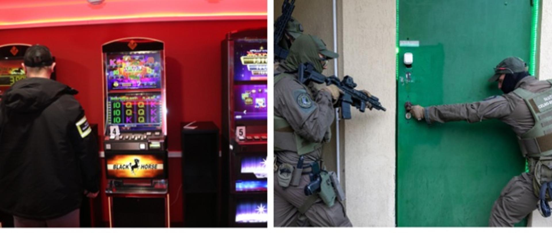 Kolaż 4 zdjęć przedstawiający funkcjonariuszy celno-skarbowych i zatrzymane towary.