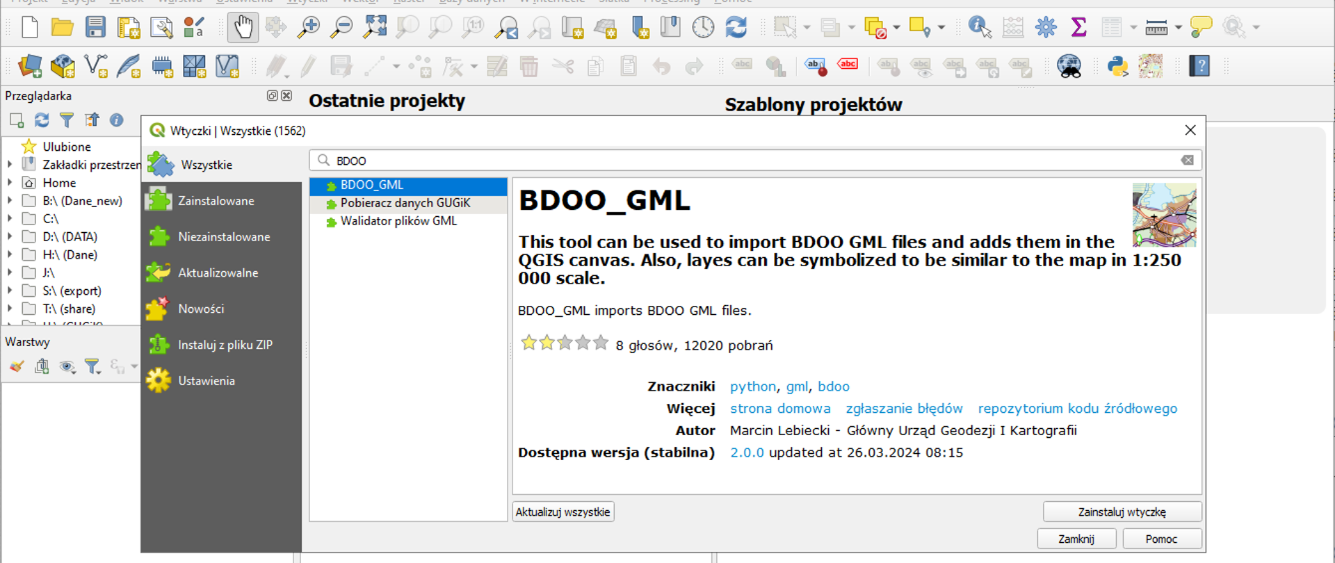 Ilustracja przedstawia sposób instalacji wtyczki BDOO_GML w oprogramowaniu QGIS