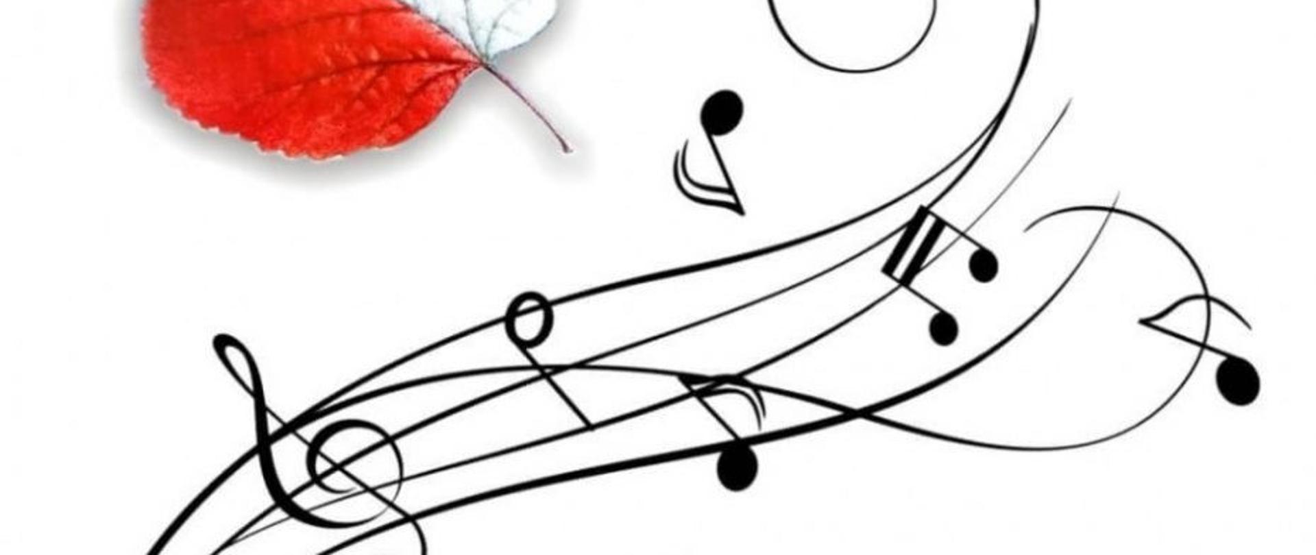 Logo - Grafika Festiwalu, białe tło, czarna pięciolinia z nutami oraz dwa liście w kolorach polskiej flagi