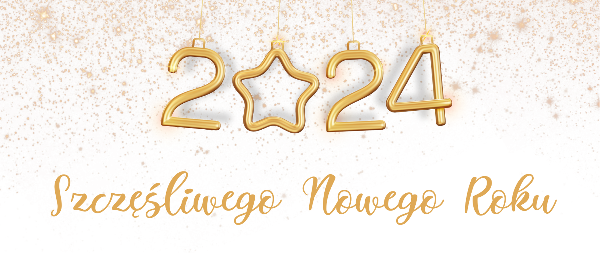 Grafika z napisem Szczęsliwego Nowego Roku i wiszącymi na sznureczkach cyferkami 2024