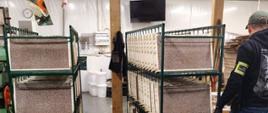 Dwa metalowe regały na kółkach wypełnione tackami z drobnymi elementami; obok stoi osoba w odzieży służbowej.