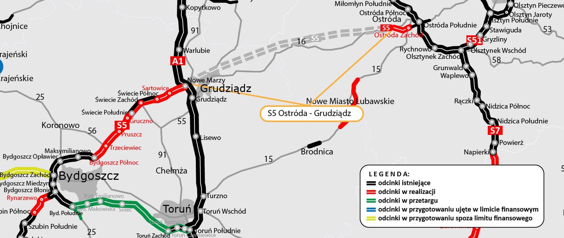 Na mapie pokazany jest planowany odcinek drogi ekspresowej S5.