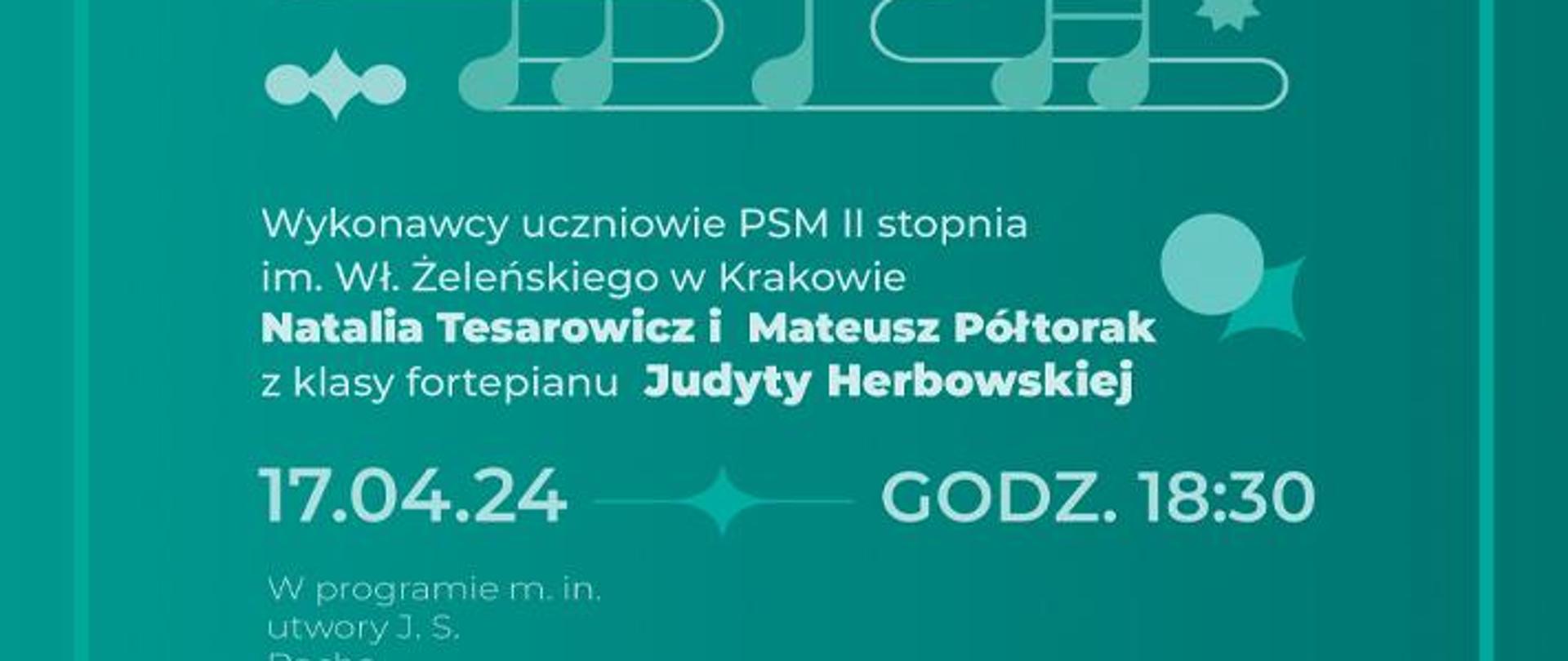 na zielonym tle w ramce z logotypem miasta Kraków na górze napis "Music +" i muzyczne symbole, poniżej informacje o wykonawcach, dacie i programie wydarzenia