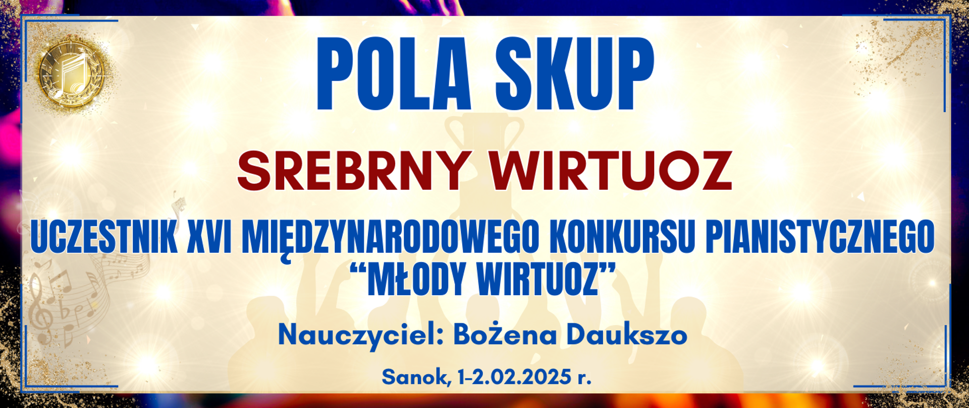 baner z ciemną kolorową ramką, jasne tło w środku z informacją o wyróżnieniu