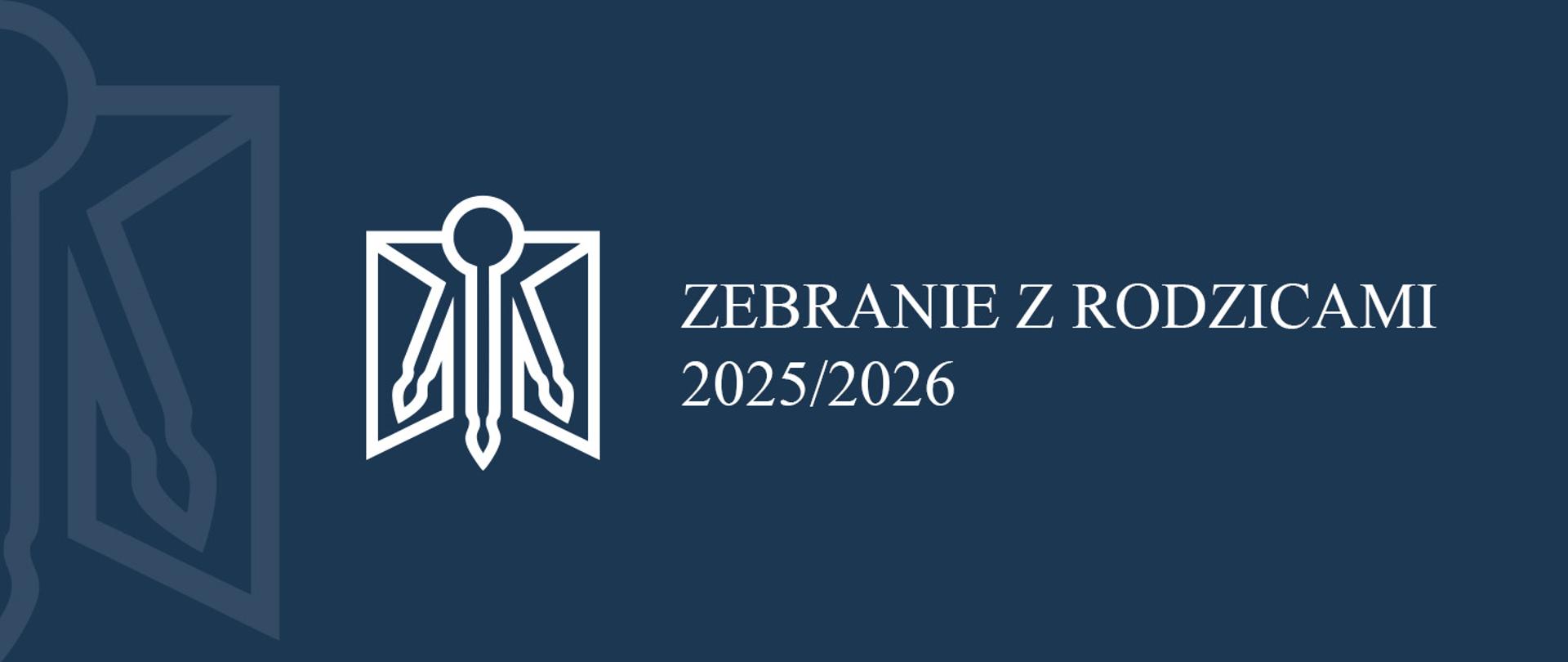 Grafika w bordowym tle z białym napisem: ‘Zebranie z rodzicami 2025/2026’. W centrum znajduje się biały symbol w kształcie otwartej książki i pióra.