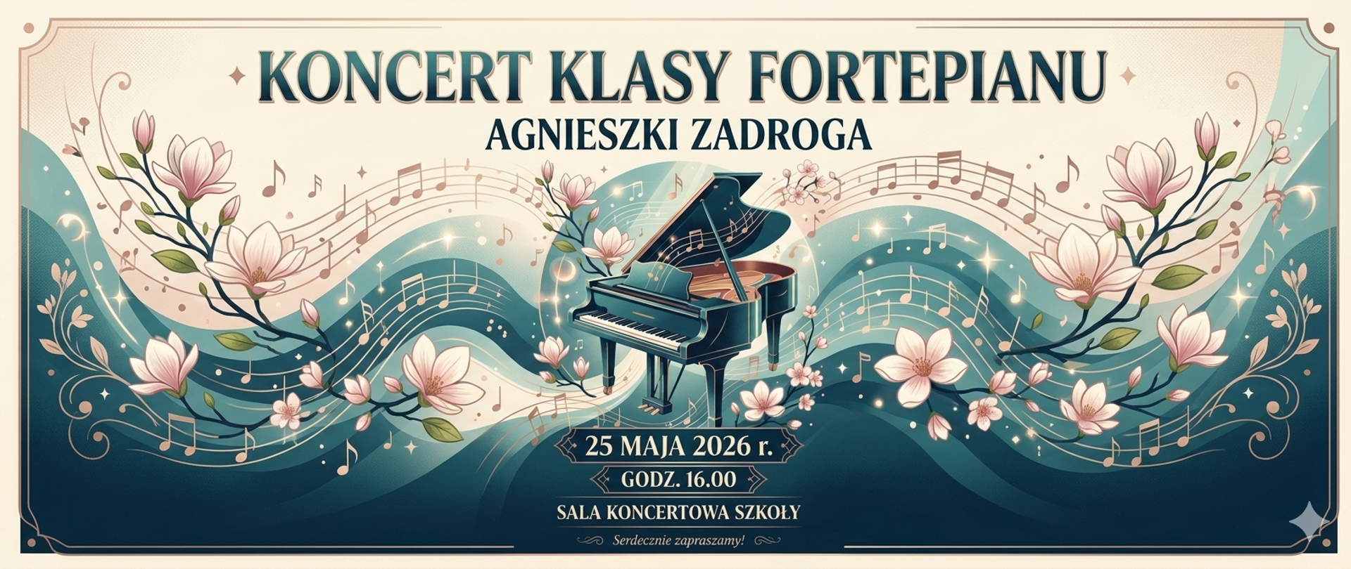 Plakat w orientacji oziomejj, utrzymany w eleganckim, klasycznym stylu art déco z motywami florystycznymi. Dominują odcienie głębokiego turkusu, pastelowej zieleni, beżu oraz delikatnego różu.
Treść tekstowa (od góry do dołu):
Główny napis dużymi, ozdobnymi literami w kolorze ciemnoturkusowym: KONCERT KLASY FORTEPIANU AGNIESZKI ZADROGA.
W dolnej części, na ciemniejszym tle, znajdują się szczegóły wydarzenia ujęte w ozdobne ramki:
25 MAJA 2026 r.
GODZ. 16.00
SALA KONCERTOWA SZKOŁY