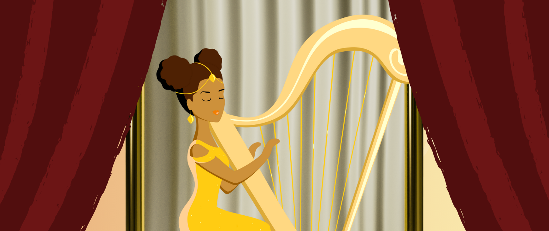 plakat przedstawia postać na scenie grającą na harfie. Po bokach zasłony sceniczne. Na dole napisy w kolorze brązowym.