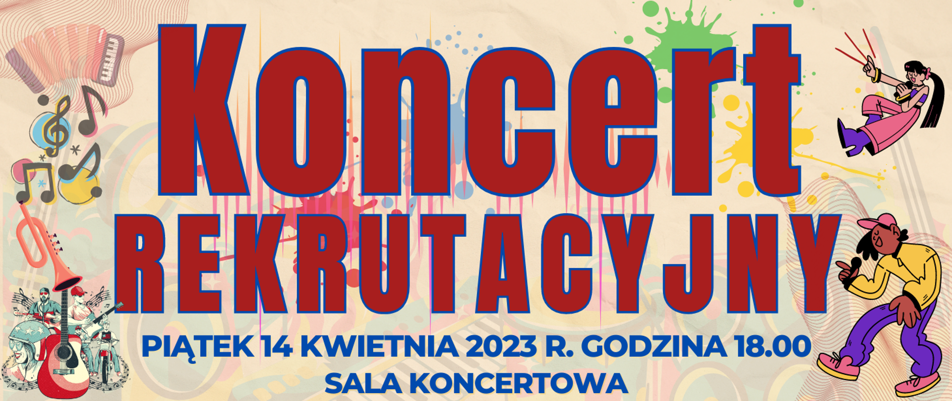 jasne tło z transparentnymi elementami muzycznymi w tle, widoczne muzyczne elementy typu clip art, widoczna informacja o koncercie rekrutacyjnym typu data, godzina, miejsce