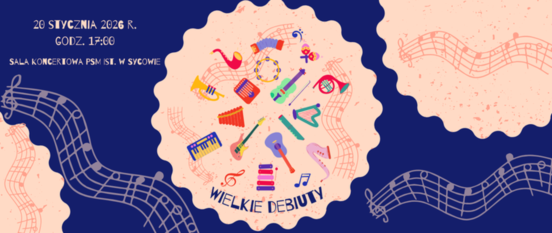 Niebieskie tło, po bokach grafiki przedstawiające pięciolinie. Na środku okrąg w kształcie herbatnika. W środku różne instrumenty.