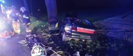 Widać tył samochodu, który uderzył w drzewo, po lewej stronie, dwóch strażaków