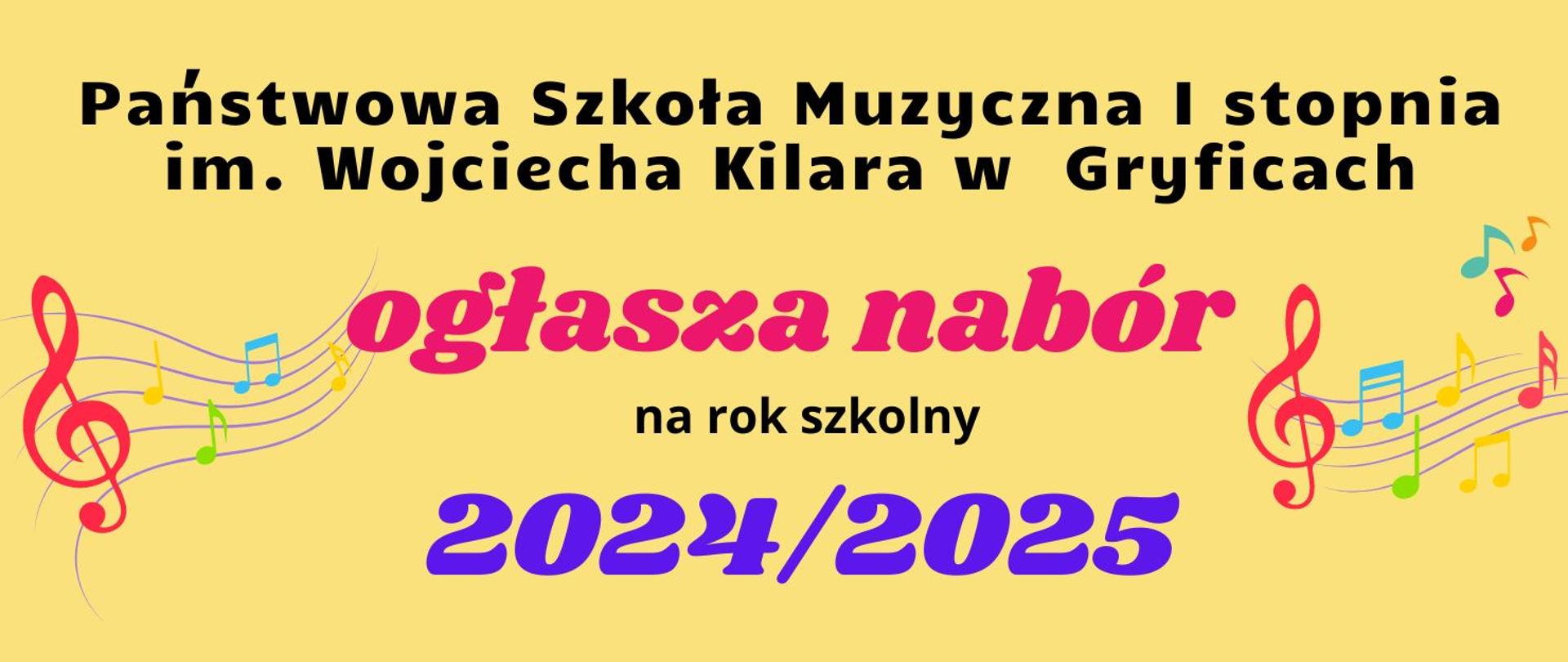 Na żółtym tle z kolorową grafiką informacja o naborze na rok szkolny 2024/2025