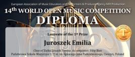 Dyplom uczennicy klasy fletu Emilii Juroszek, laureatki pierwszej nagrody konkursu w Belgradzie