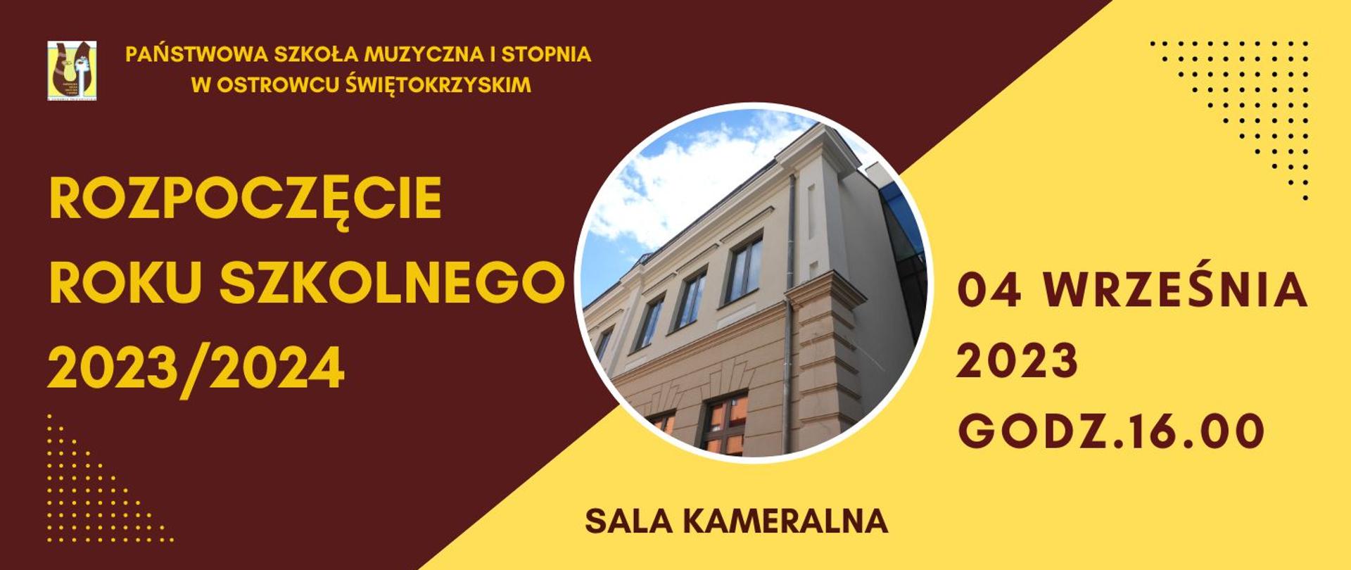 napisy w kolorze żółtym i brązowym na tle w kolorze żółtym i brązowym ze zdjęciem budynku szkoły w środku z logiem szkoły w prawym górnym rogu