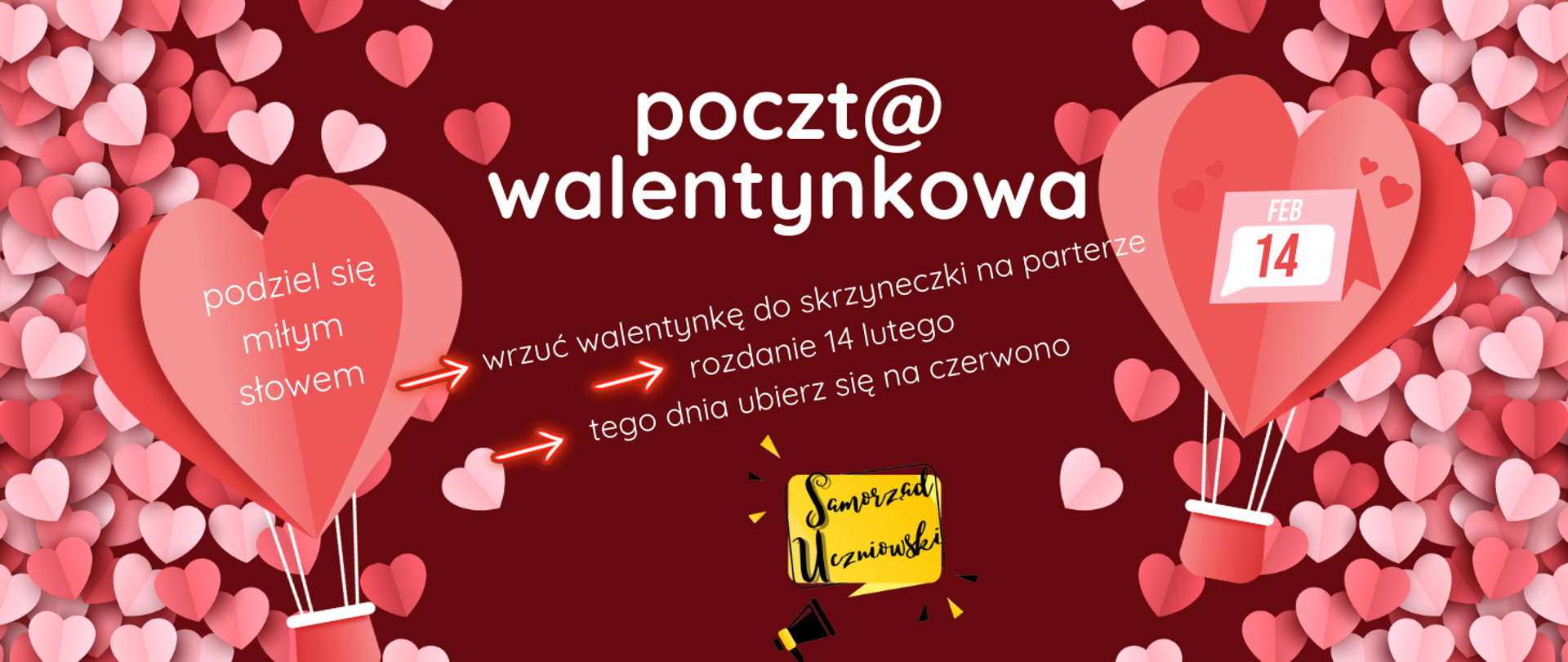 Na kolorowym tle w serduszka informacja o poczcie walentynkowej w dniu 14.02.2024r.