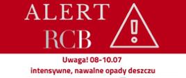 Grafika ostrzegawcza „ALERT RCB” informuje o intensywnych opadach deszczu w dniach 08-10.07. Mapa Polski wskazuje obszar zagrożenia (część woj. podlaskiego i lubelskiego) na czerwono. Zalecono ostrożność ze względu na możliwe podtopienia, unikanie wezbranych rzek i stosowanie się do poleceń służb.