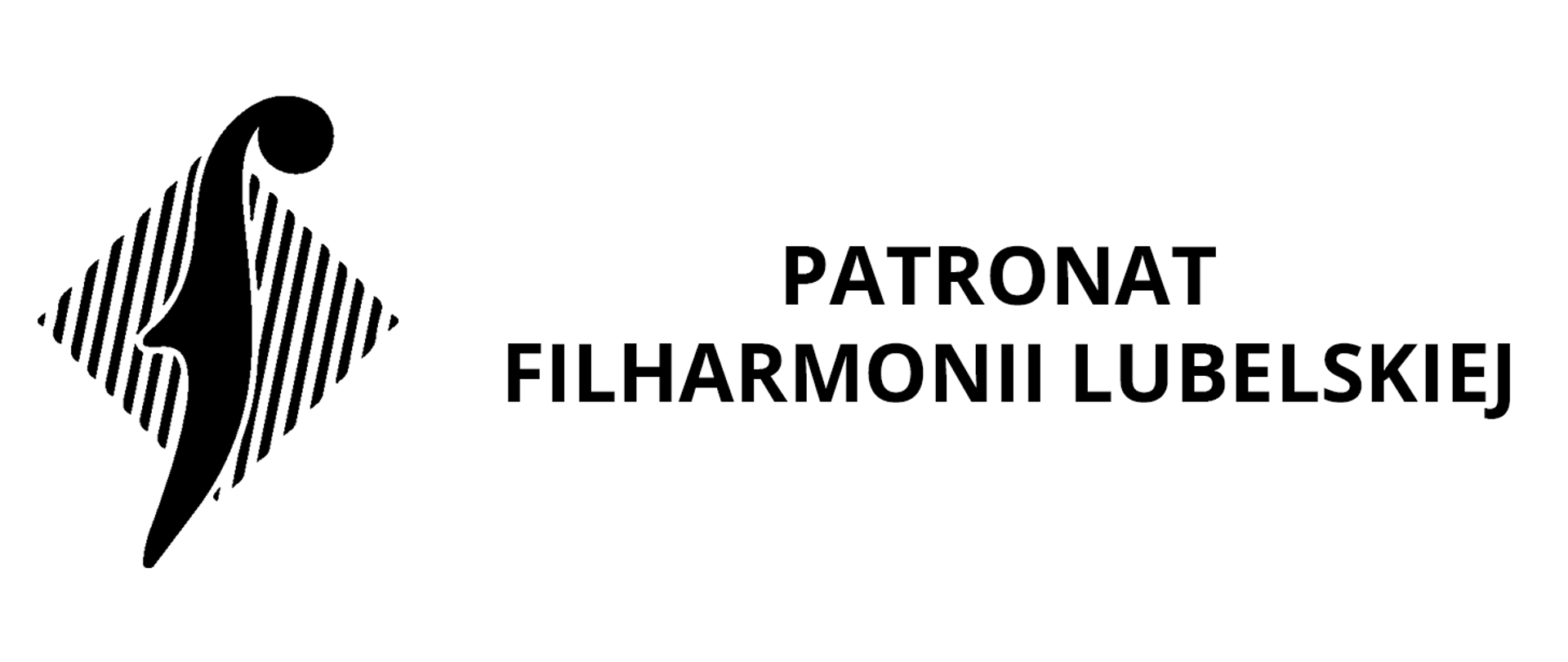 Czarne logo Filharmonii Lubelskiej przedstawiający symbol muzyczny na tle czarno-białego kwadratu przechylonego o 45 stopni oraz napis Patronat Filharmonii Lubelskiej