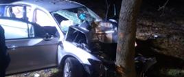 Wypadek ze skutkiem śmiertelnym. Droga wojewódzka nr 309 na odcinku Bojanowo-Rojęczyn. Na pierwszym planie samochód osobowy koloru srebrnego, który centralnie przodem uderzył w drzewo. Auto ma bardzo mocno uszkodzoną przednią część, stłuczona jest szyba czołowa. Wokół samochodu - rozrzucone różne przedmioty.