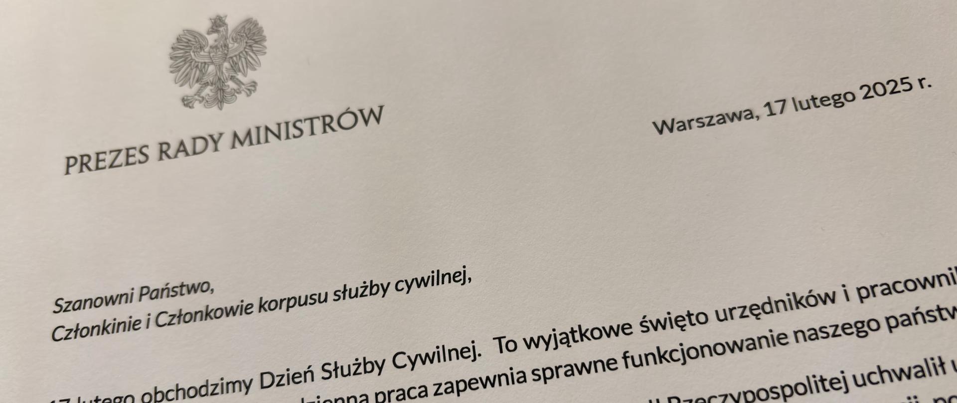 Fragment listu premiera z okazji dnia służby cywilnej