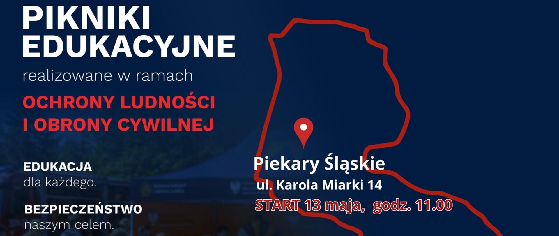 Na grafice promocyjnej przedstawiono informacje dotyczące pikniku edukacyjnego organizowanego w ramach programu ochrony ludności i obrony cywilnej. Materiał zawiera logotypy Państwowej Straży Pożarnej, Akademii Ochrony Ludności i Obrony Cywilnej oraz Ministerstwa Spraw Wewnętrznych i Administracji.
Na plakacie wskazano miejsce i termin wydarzenia – Piekary Śląskie, ul. Karola Miarki 14, rozpoczęcie 13 maja o godz. 11.00. Grafika promuje działania edukacyjne związane z bezpieczeństwem, przygotowaniem do sytuacji kryzysowych oraz ochroną ludności.